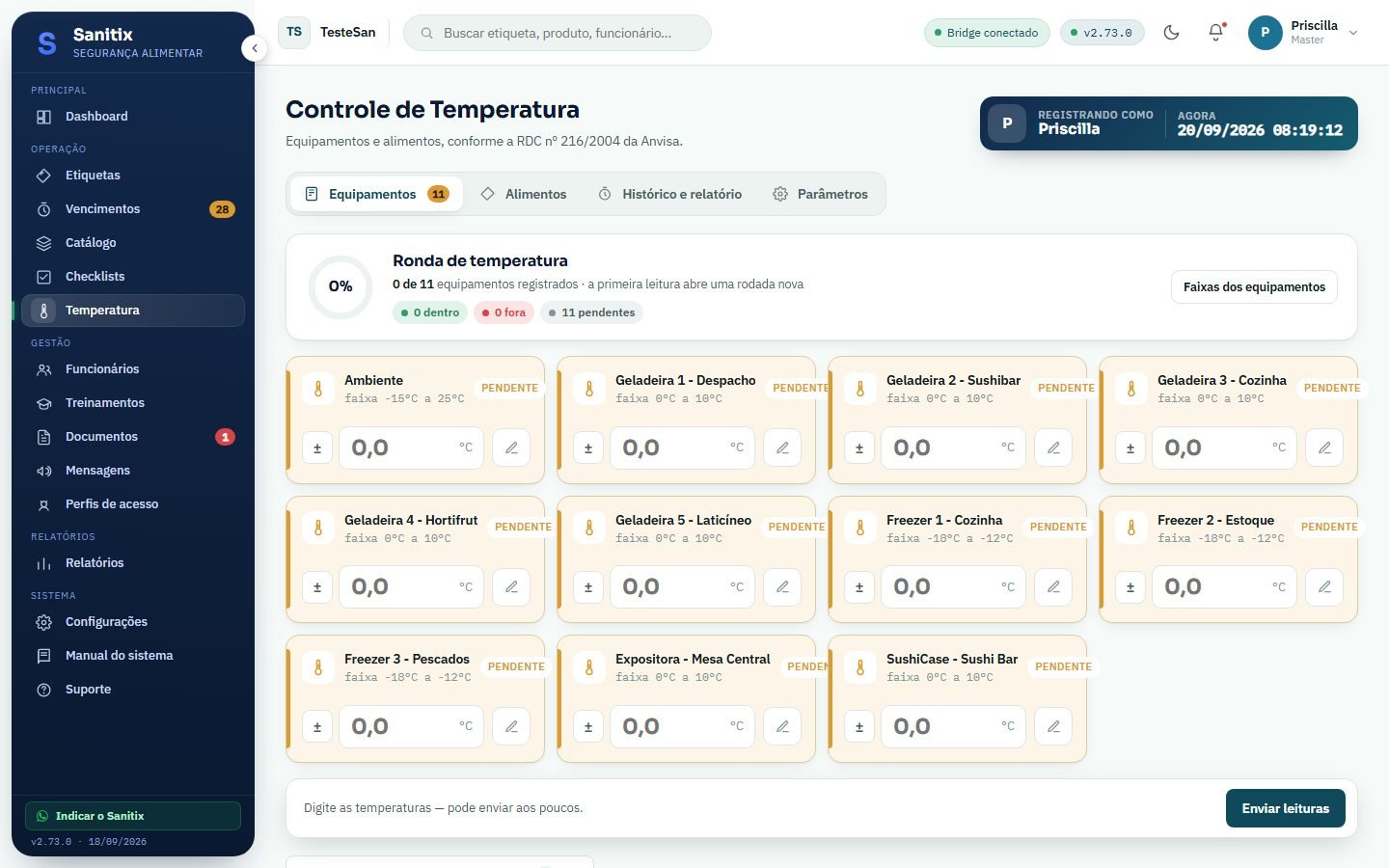 Tela de controle de temperatura do Sanitix